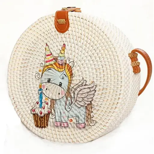 Bali Deco Painted Unicorn Rattan Bag